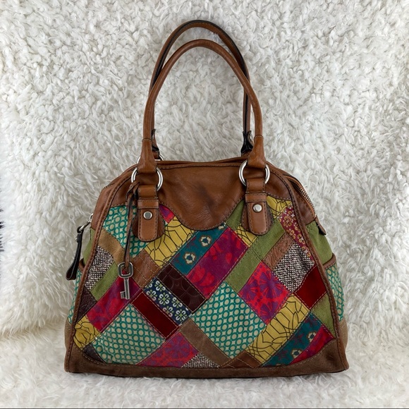 Fossil Bags Fossil Vtg Leather Fabric Patchwork Large Tote Bag